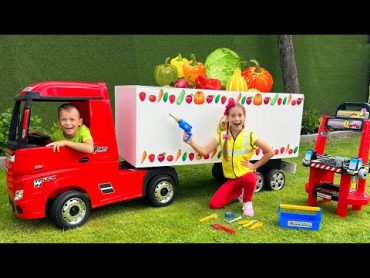 صوفيا وماكس علبته وتجميع شاحنة حمراء كبيرة! Kids unboxing and assembling Big red Truck!