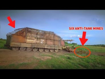 Russian Tank Covered in Construction Materials Blown Up by Six AntiTank Mines in Sequence!