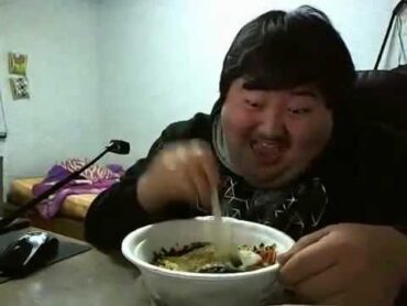 Funny asian man (too happy to eat food)