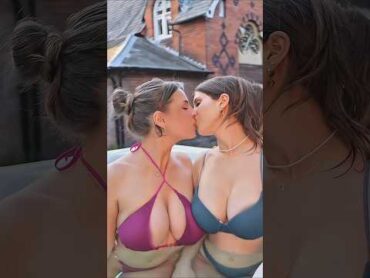 lesbian girls kissing kiss pool bikini